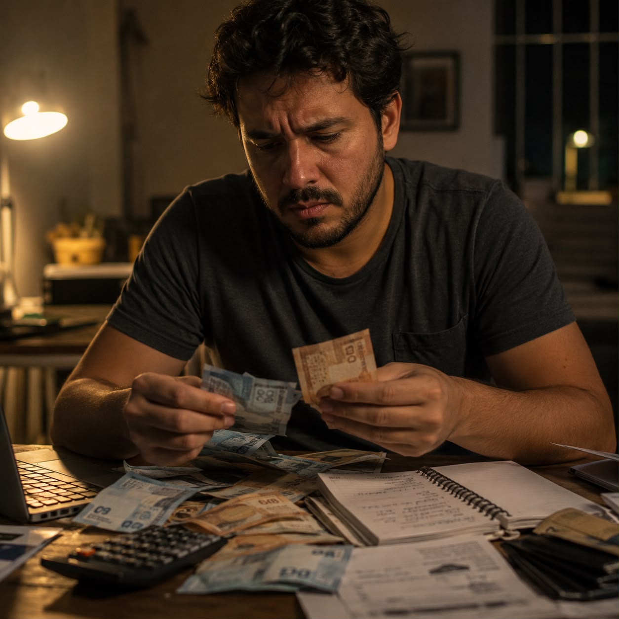 Profissional à noite contando dinheiro espalhado, com calculadora e contas